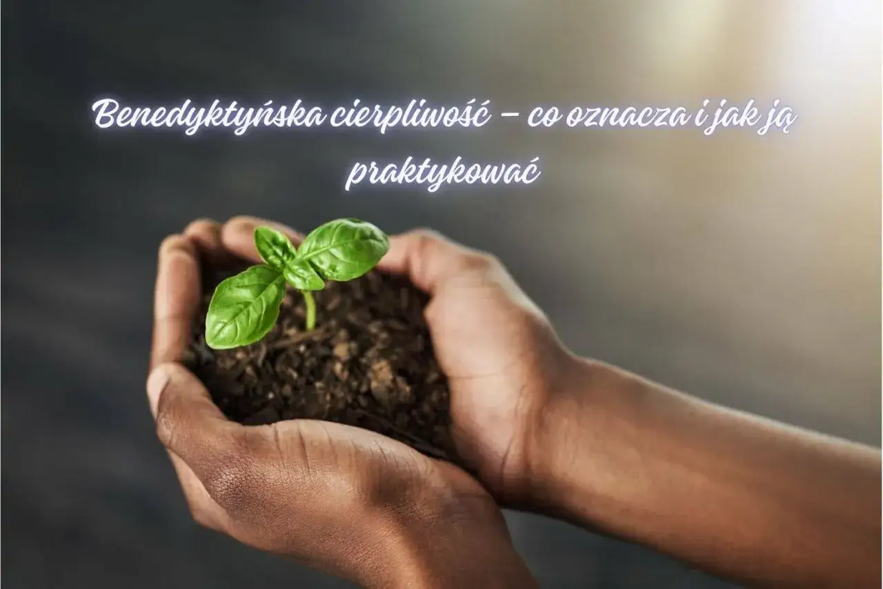 Dłonie trzymają ziemię z młodą rośliną. To symbol cierpliwości, która pomaga w modlitwie o spokój w pracy.