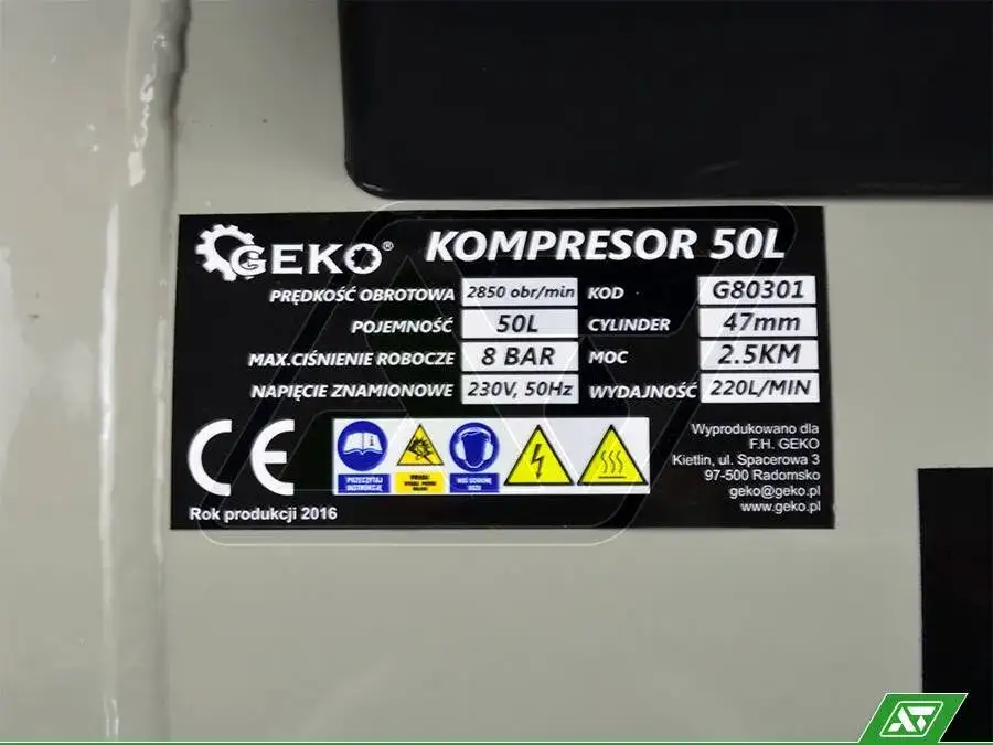 Tabliczka znamionowa kompresora parametry