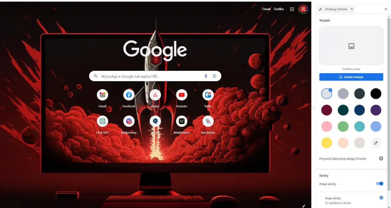 Przeglądarka Google Chrome z motywem