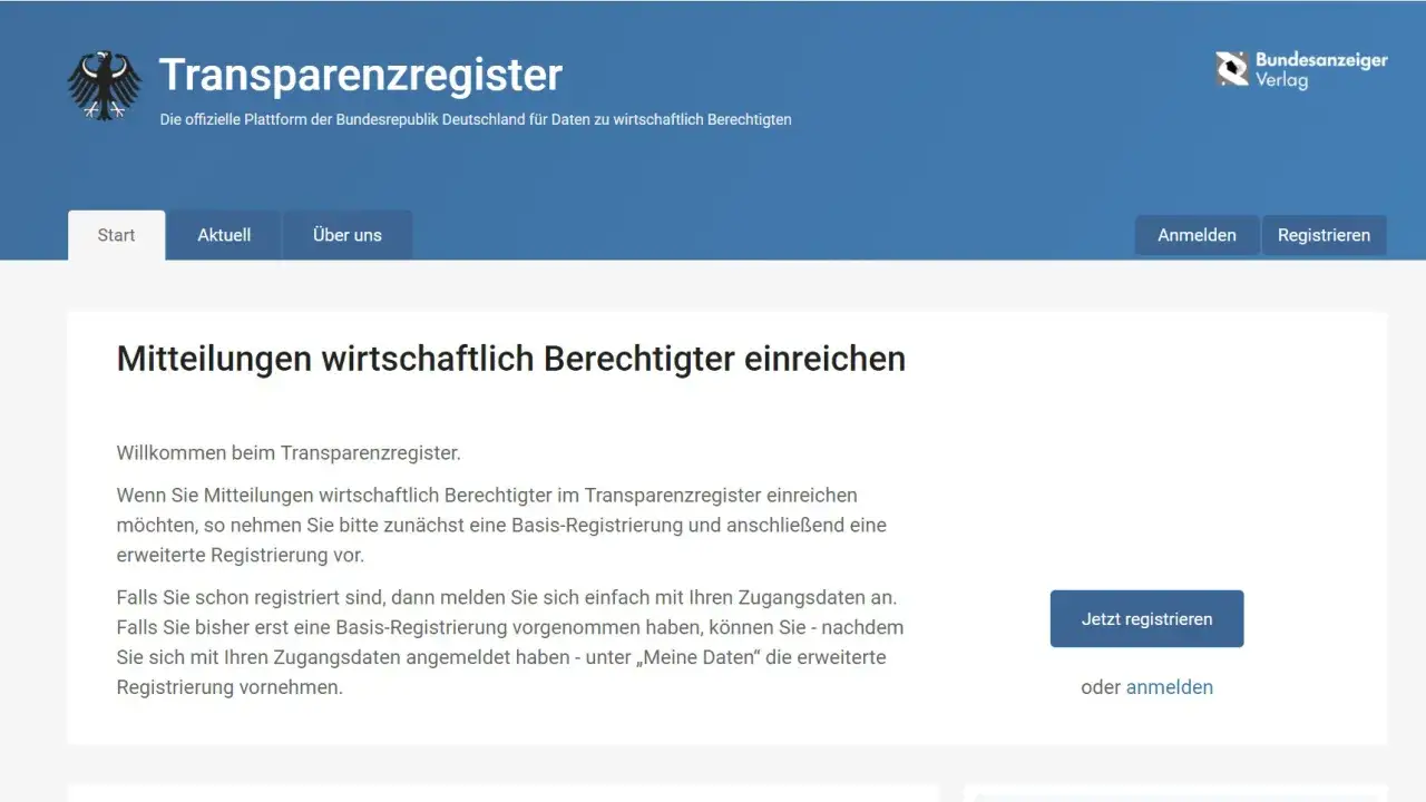 Offizielle Plattform der Bundesrepublik Deutschland f&uuml;r Daten zu wirtschaftlich Berechtigten. Hier k&ouml;nnen Sie sich im Transparenzregister registrieren oder anmelden.