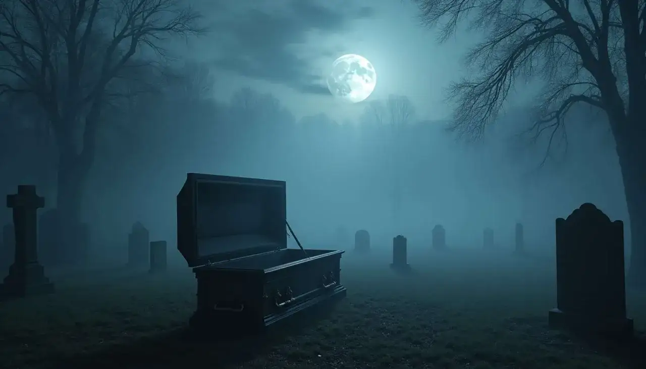 Cementerio brumoso bajo la luna llena. Un ataúd abierto invita a soñar con lo desconocido.