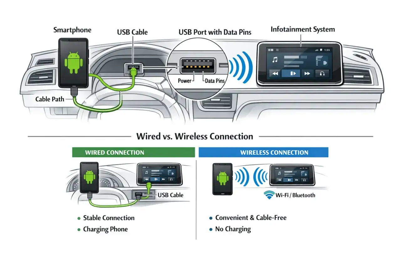 Ilustracja porównuje połączenie przewodowe i bezprzewodowe Android Auto. Pokazuje, jak aktualizacja systemu może poprawić łączność.