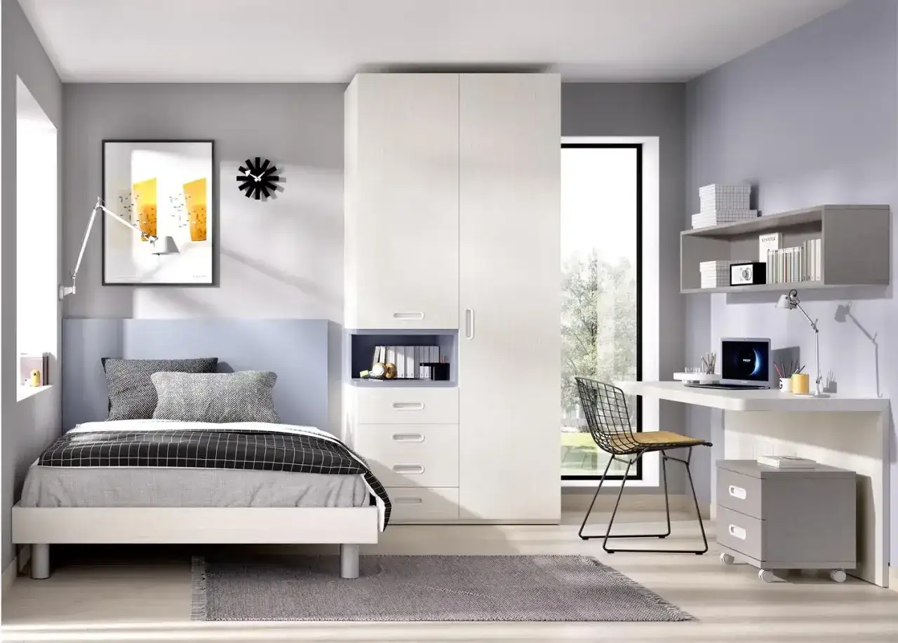 Habitación de 9m2 con cama, armario blanco, escritorio y estantería. Diseño moderno y funcional.