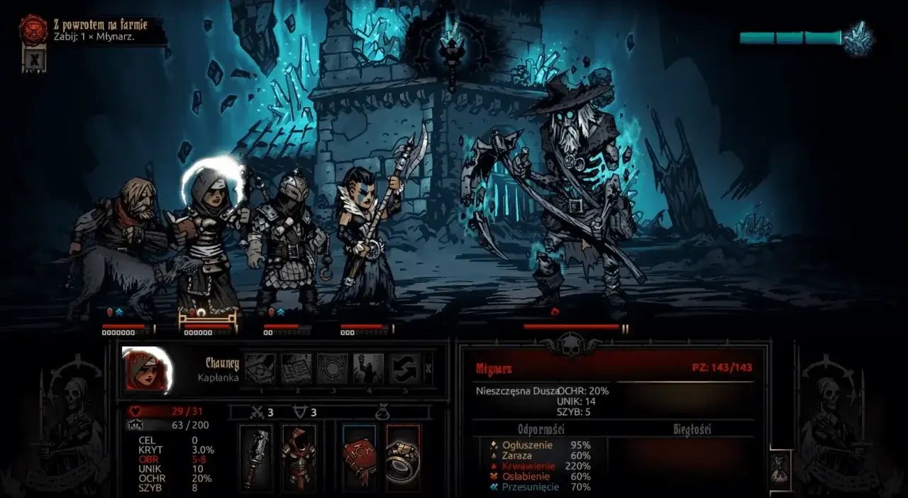 Drużyna bohaterów w kniei Darkest Dungeon walczy z Młynarzem.