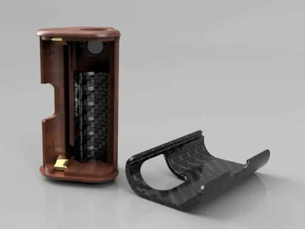 Caja de madera para un mod squonk, con un interior de fibra de carbono y la tapa separada.