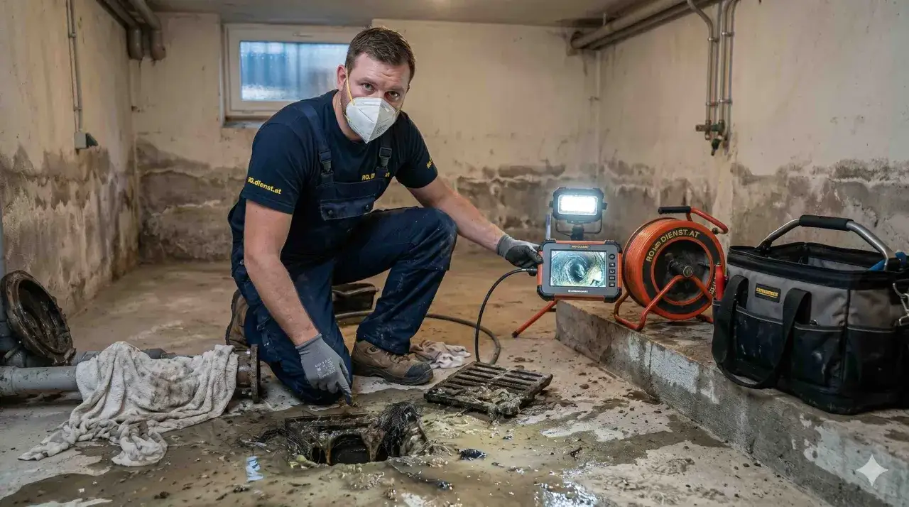 Klempner untersucht verstopften Kellerabfluss mit Kamera. Der Kellerabfluss stinkt und ist voller Haare und Schmutz.