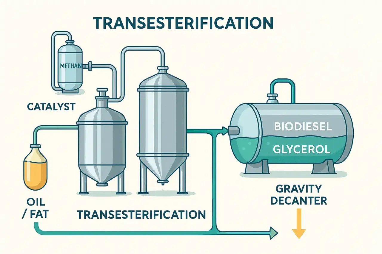 Schéma de la transestérification : huile/graisse + méthanol + catalyseur pour convertir le diesel en biodiesel. Le produit est séparé dans un décanteur à gravité.