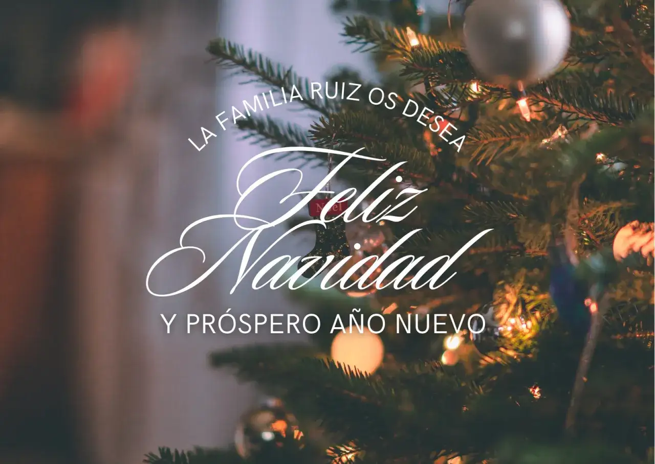Ideas postal de navidad: La familia Ruiz os desea Feliz Navidad y Pr&oacute;spero A&ntilde;o Nuevo, con luces y adornos en un &aacute;rbol.