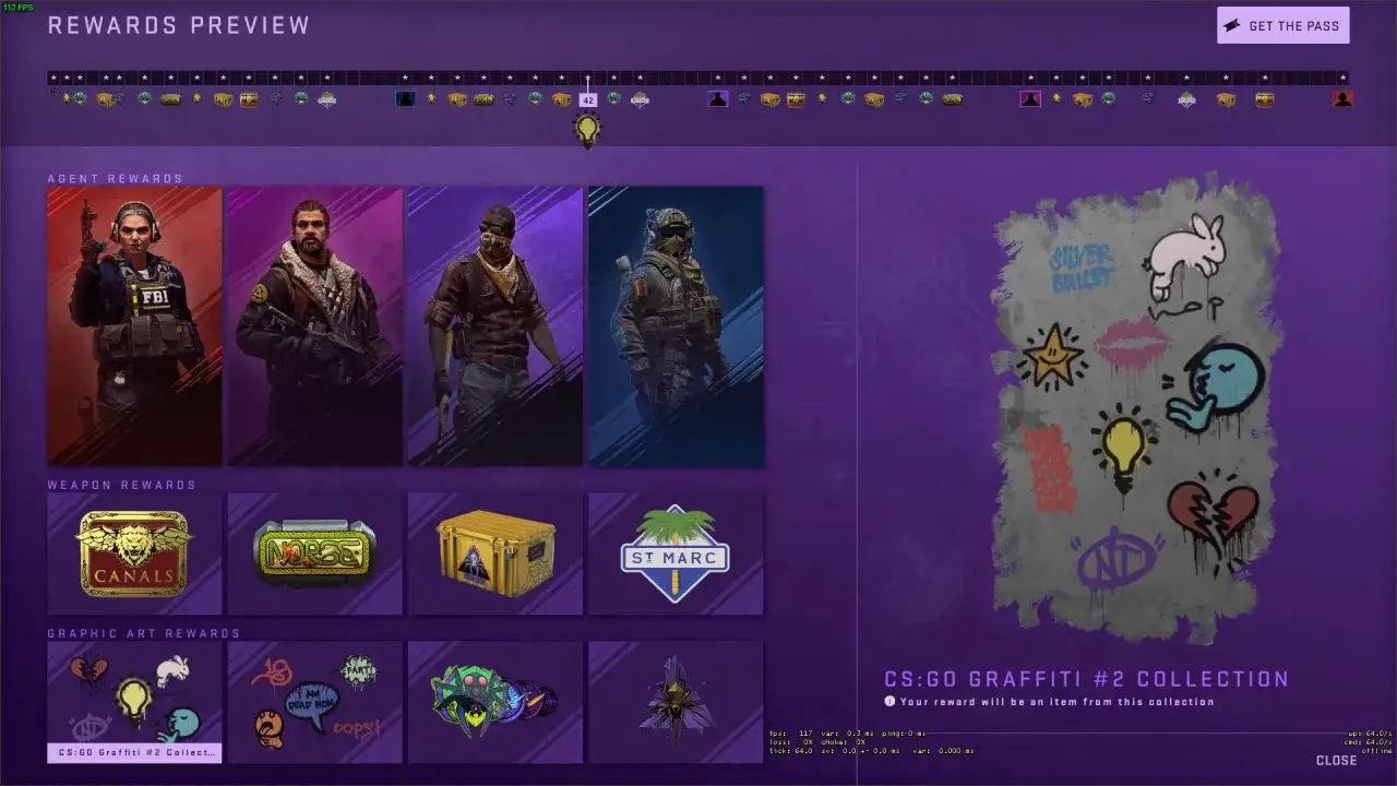 Podgląd nagród CS2 Operation: agenci, bronie i graffiti z kolekcji CS:GO Graffiti #2.