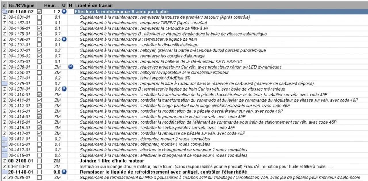 Tableau de maintenance Mercedes : liste des opérations, dont le remplacement du liquide de refroidissement. Le prix du service B4 Mercedes est indiqué.