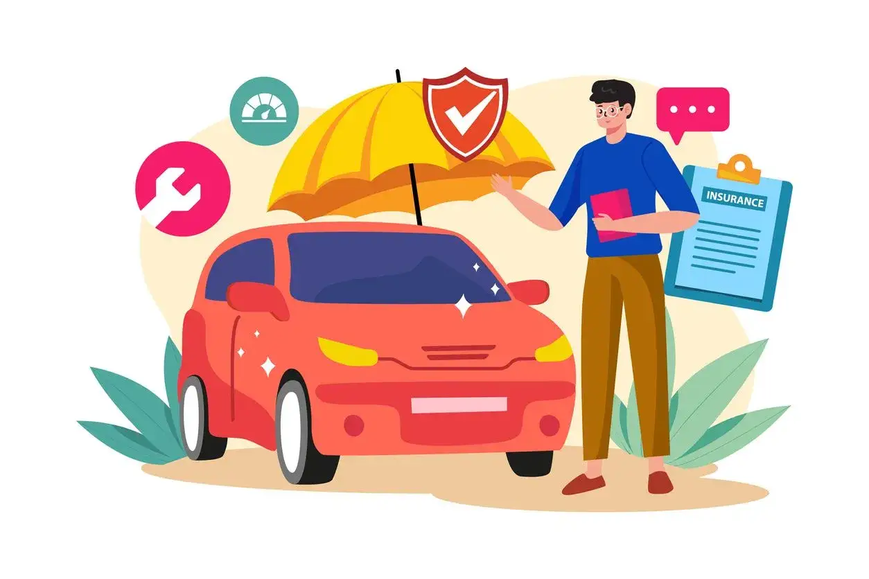 Un uomo mostra un'auto rossa protetta da un ombrello giallo con uno scudo. Simboli di riparazione, velocit&agrave; e assicurazione completano l'illustrazione su cosa assicurare auto.