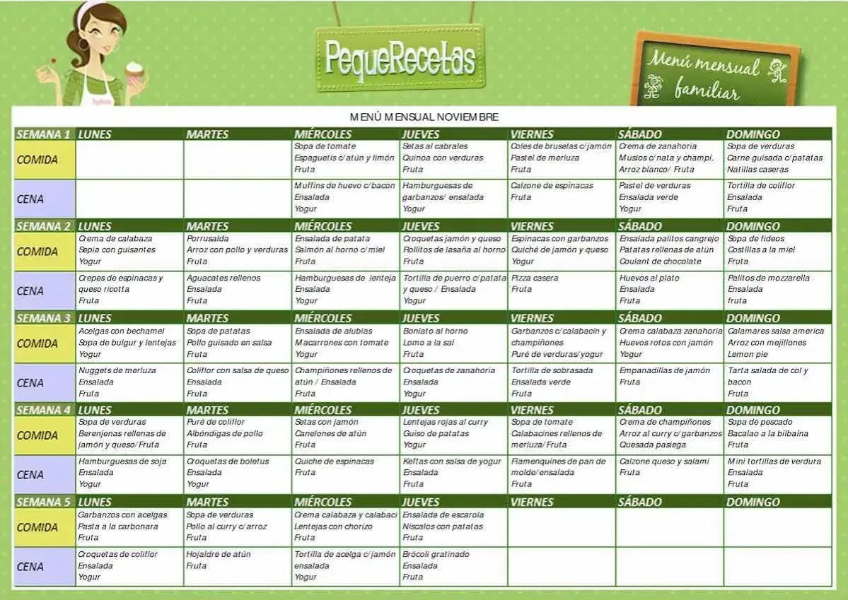 Men&uacute; semanal familiar con recetas saludables: planifica tus comidas con esta tabla de men&uacute;s para todo el mes.
