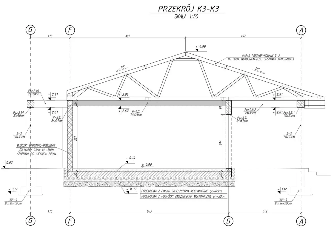 Przekrój K3-K3 pokazuje szczegóły konstrukcji dachu i fundamentów, odzwierciedlając projekt budowlany i wykonawczy.
