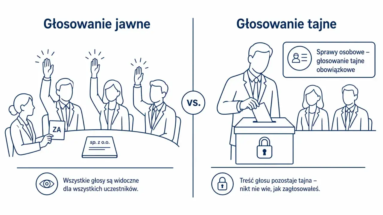 Głosowanie jawne vs. tajne. Jawne: ręce w górze, widoczne głosy. Tajne: wrzucanie kartki do urny, gwarancja **absolutorium** dla głosującego.