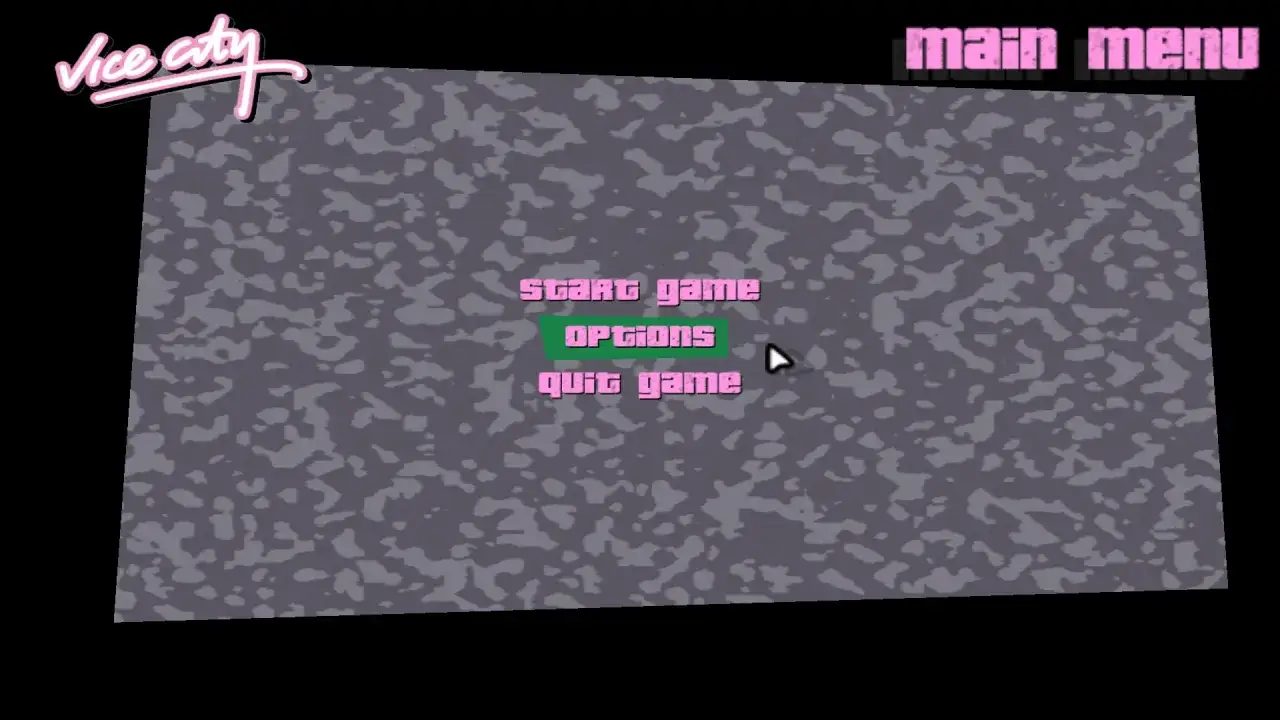 Menu główne GTA Vice City. Po zainstalowaniu gta vice city spolszczenie, możesz wybrać opcję 