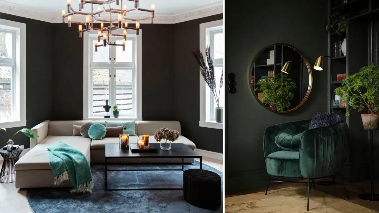 M&ouml;rk och mysig vardagsrumsmilj&ouml; med en stor soffa och en sammetsf&aring;t&ouml;lj. En modern takkrona och en rund spegel bidrar till den maskulina inredningen.