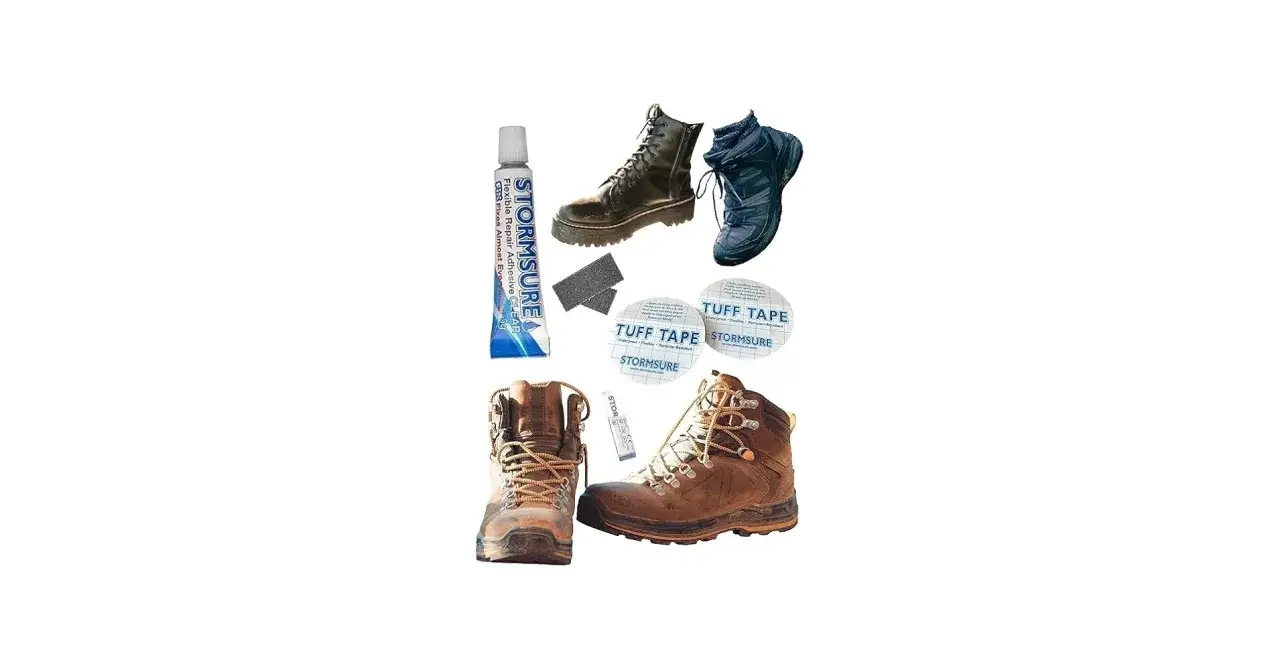 Repairing boots with Stormsure adhesive and tuff tape. This kit is perfect for schuhsohle kleben, ensuring your footwear lasts.