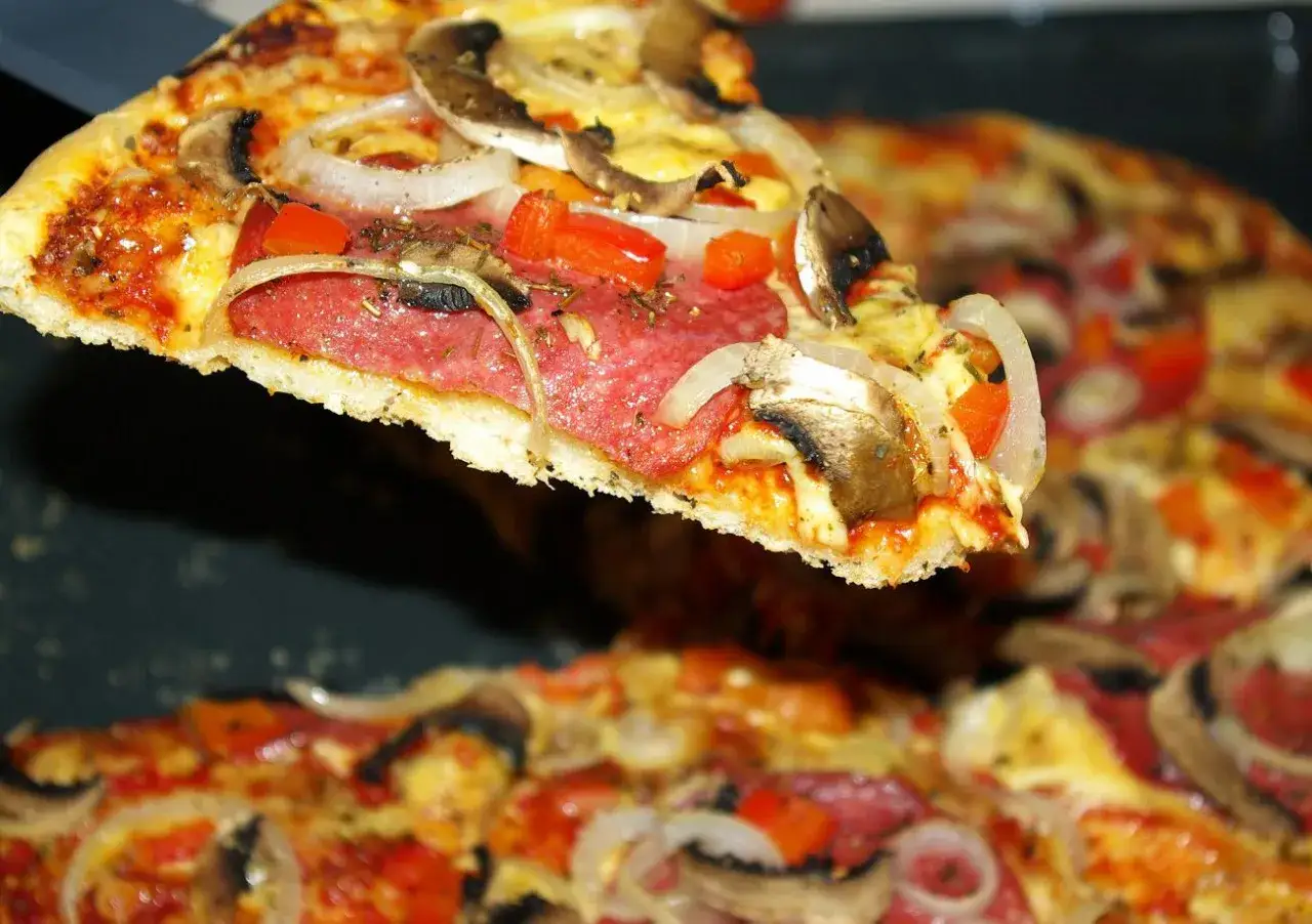 Kawałek pizzy z salami, pieczarkami i cebulą. Widać też kawałki papryki i posypkę z ziół.