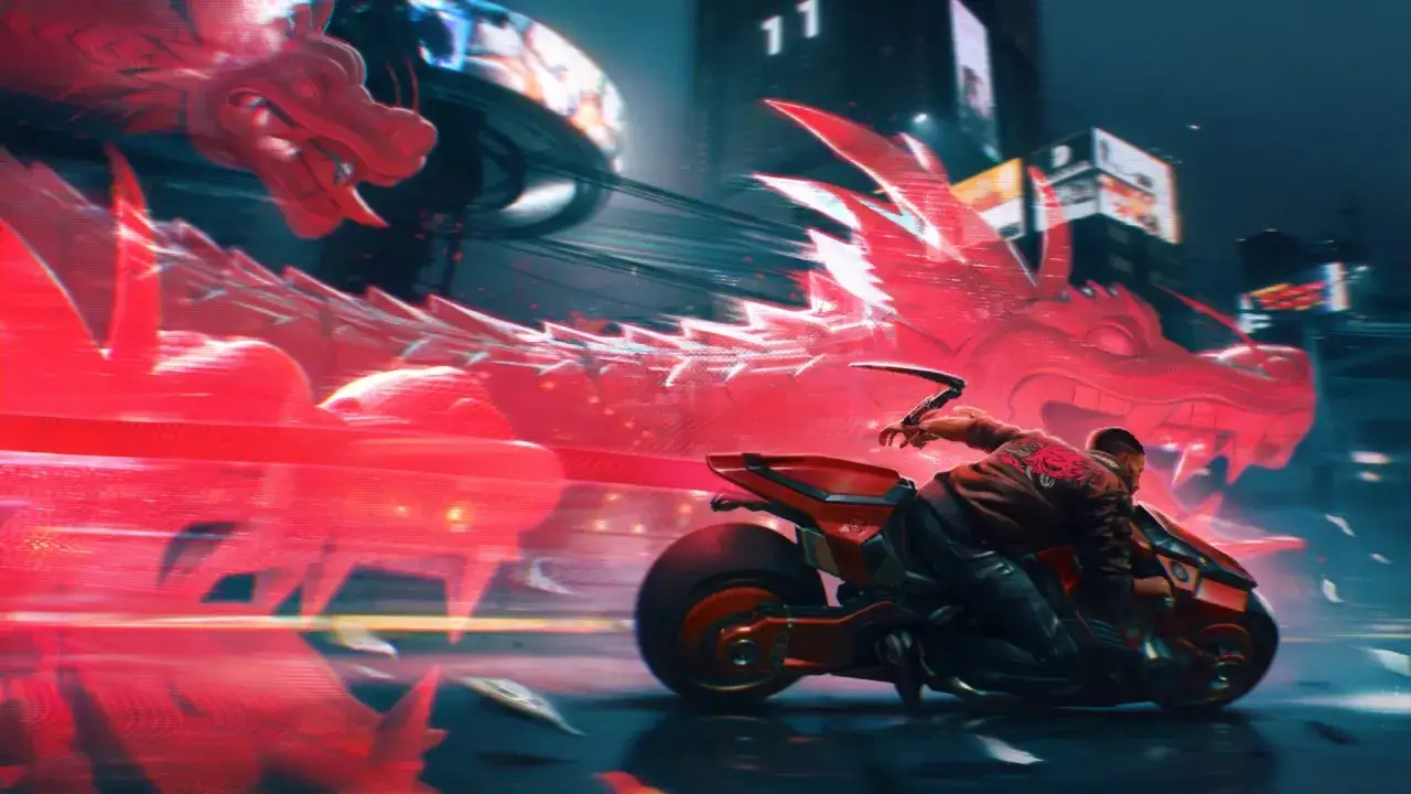 Motocyklista w neonowym mieście, ścigany przez cyfrowego, czerwonego smoka. Nie czas żałować róż, tylko pędzić w cyberpunkowej nocy.