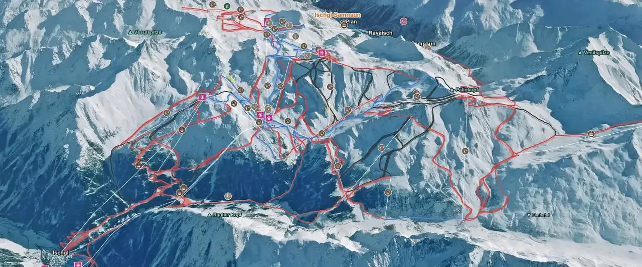 Mapa tras narciarskich Ischgl-Samnaun. Idealne miejsce, gdzie na narty za granicę, z licznymi trasami oznaczonymi kolorami.