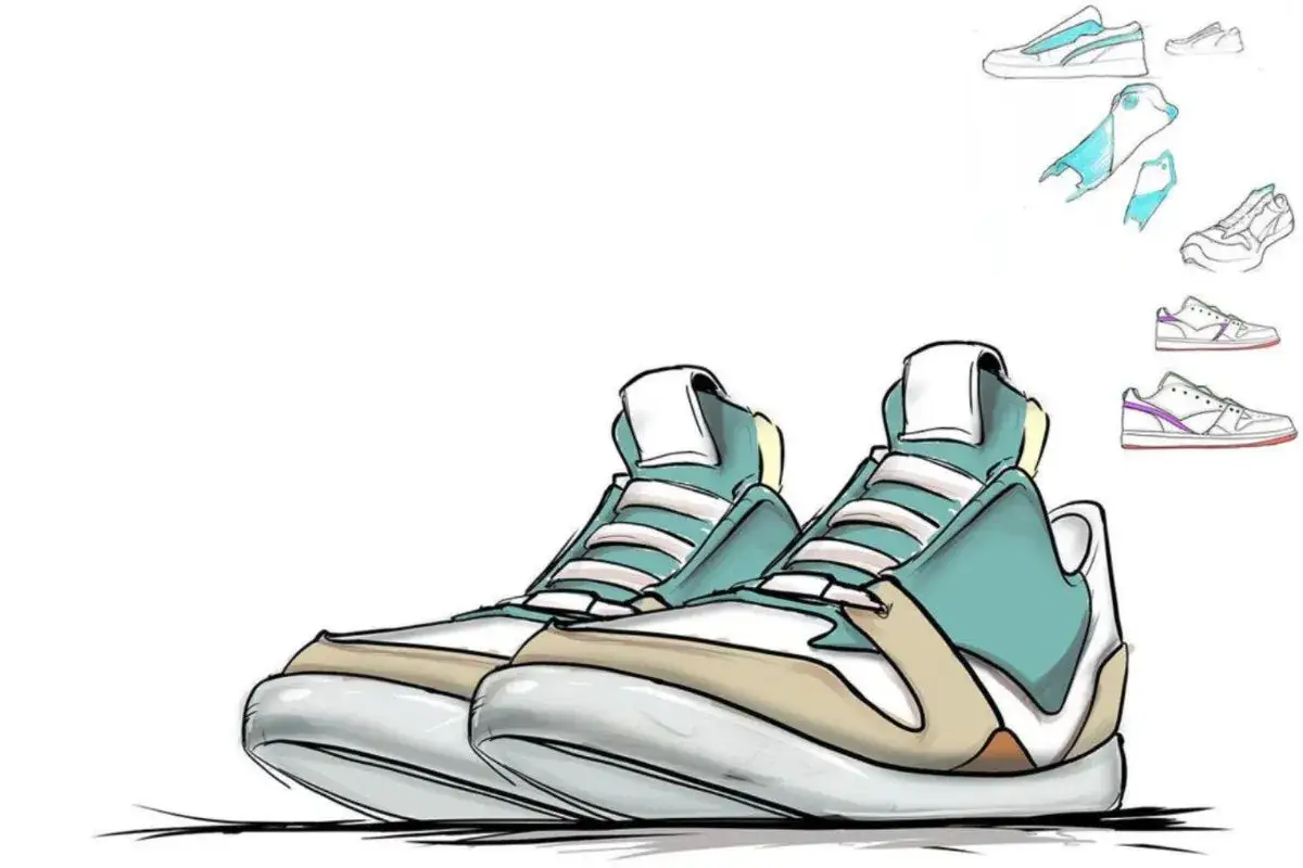 Skizzen von Sneakern, die ein Schuhdesigner entworfen hat. Kleine Entwürfe zeigen verschiedene Farbvarianten.
