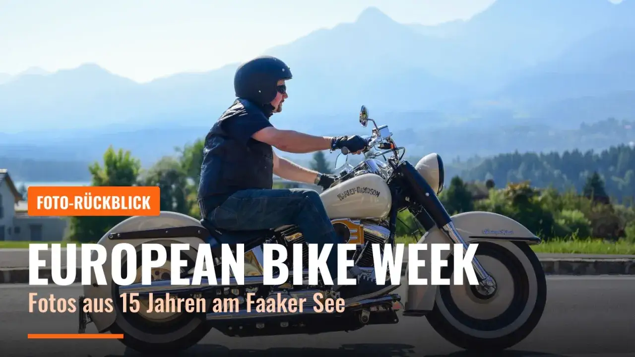 Uomo in moto Harley-Davidson al Faaker See, parte del motoraduno European Bike Week.