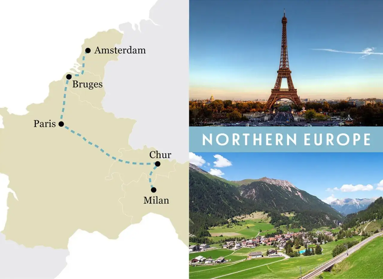 Dr&ouml;mmer du om att t&aring;gluffa Europa? Denna karta visar en rutt fr&aring;n Amsterdam via Bruges, Paris, Chur till Milano, med bilder p&aring; Eiffeltornet och en alpbyn.