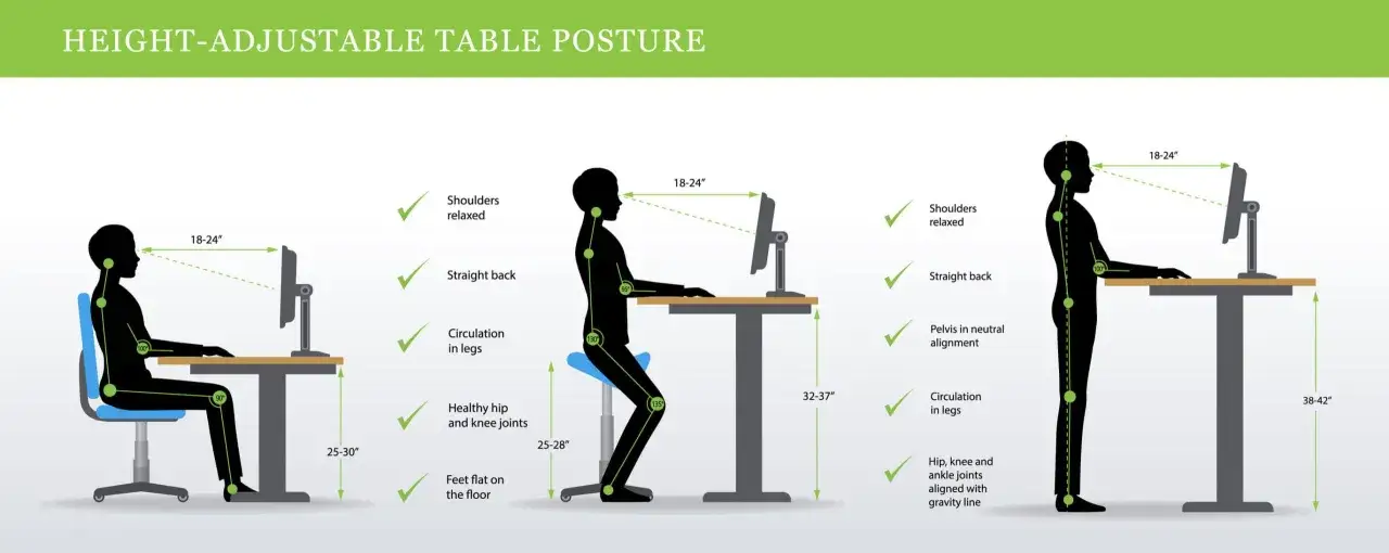 Illustrazione di posture corrette per studiare: seduti, in piedi e con sgabello. Mantenere spalle rilassate, schiena dritta e circolazione fluida.