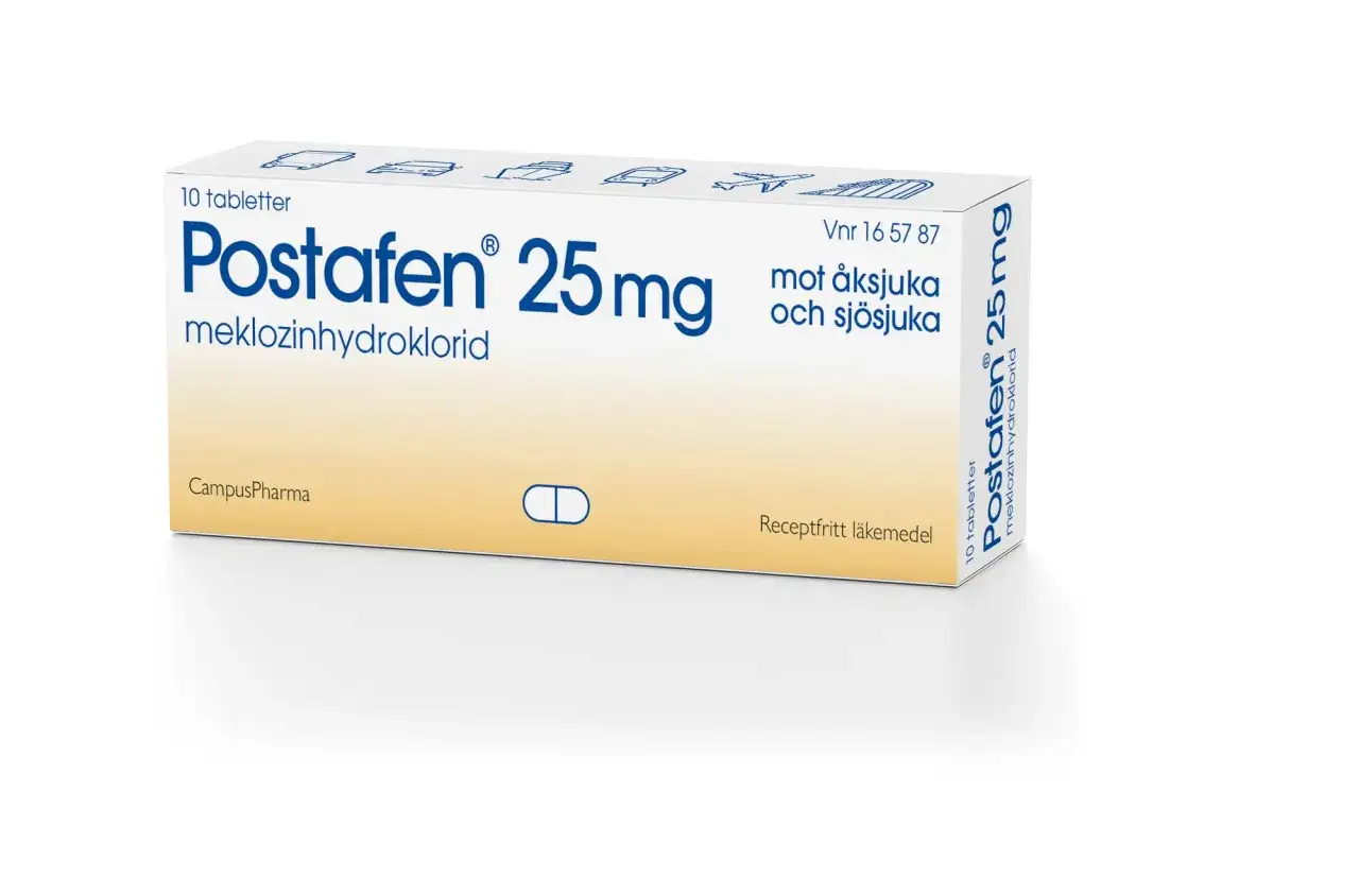 Postafen 25mg mot &aring;ksjuka och sj&ouml;sjuka. F&ouml;rpackning med 10 tabletter.