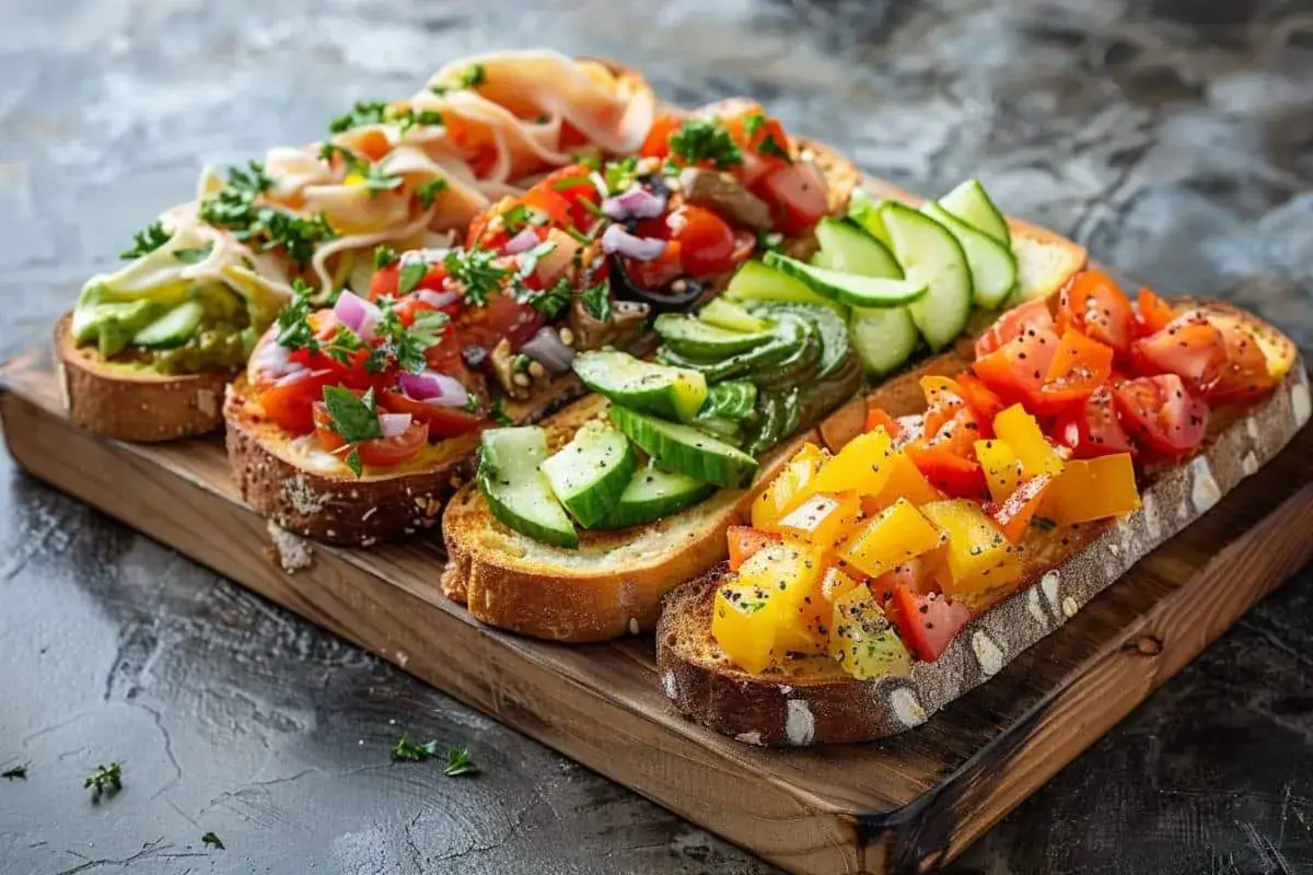 Un plateau de tartines de pain garnies de l&eacute;gumes frais et color&eacute;s, d'avocat et de jambon.