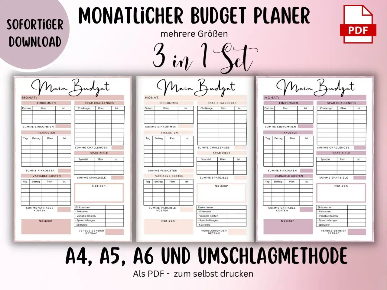 Monatlicher Budgetplaner im 3-in-1-Set zum Ausdrucken. Hilft beim Geld sparen durch detaillierte Planung von Einnahmen und Ausgaben.