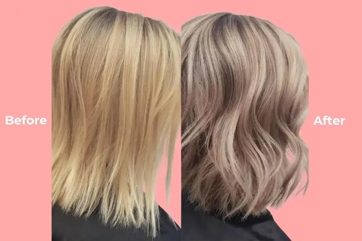 Przed i po: blond włosy zyskały głębię i subtelny odcień dzięki tonerowi na naturalne włosy.