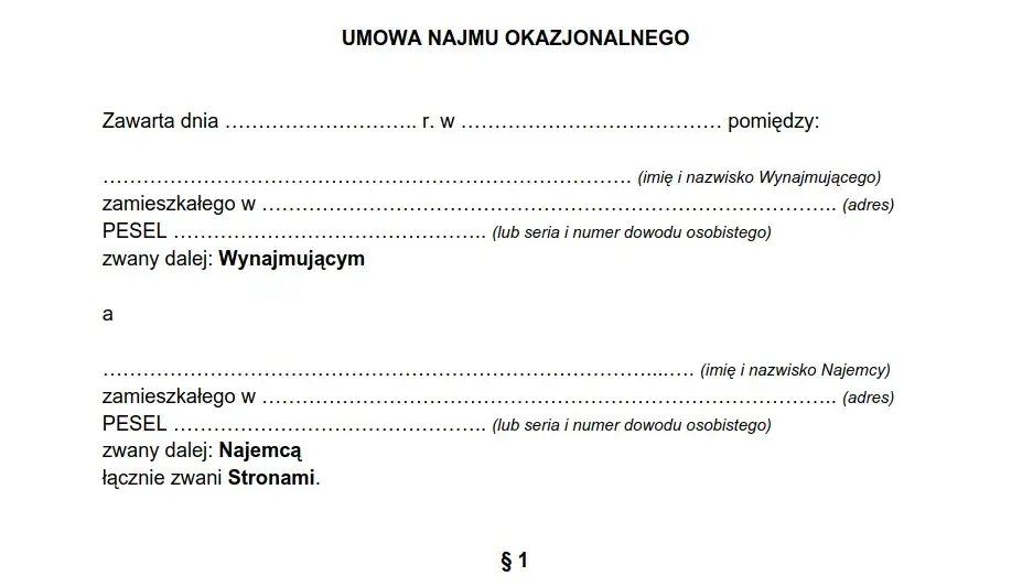 dokumenty do umowy najmu okazjonalnego