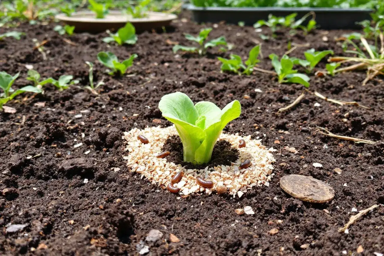 Un jeune plant de laitue est prot&eacute;g&eacute; par une barri&egrave;re de coquilles d'&oelig;ufs broy&eacute;es, une astuce pour comment &eacute;loigner les limaces.