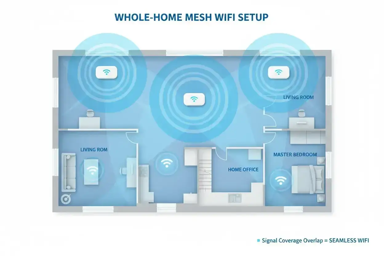 Schemat domu z trzema punktami dostępu, zapewniającymi zasięg wi-fi w całym mieszkaniu.