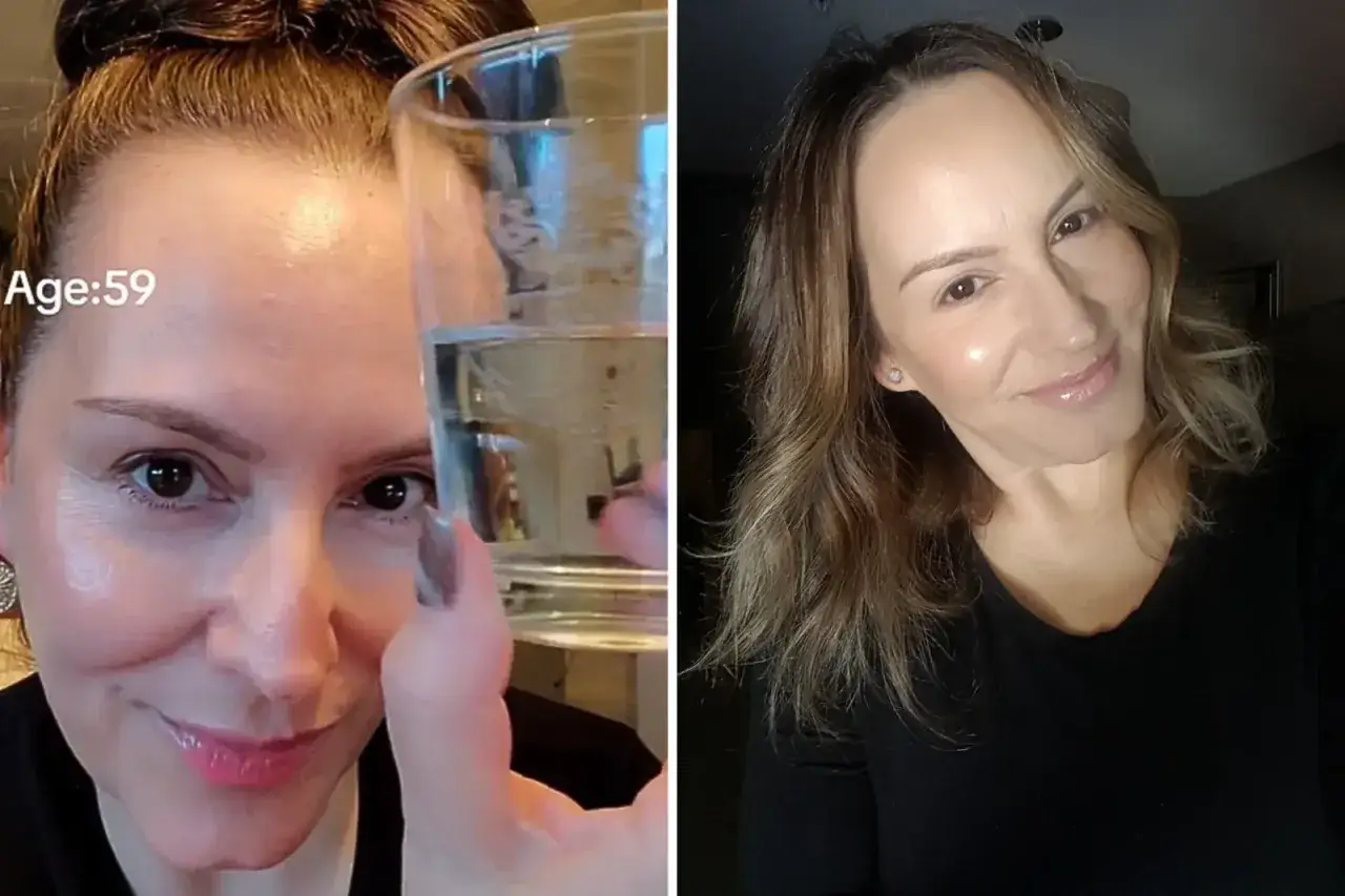 Kvinna, 59, visar hur man kan få bort bekymmersrynka utan botox genom att dricka vatten.