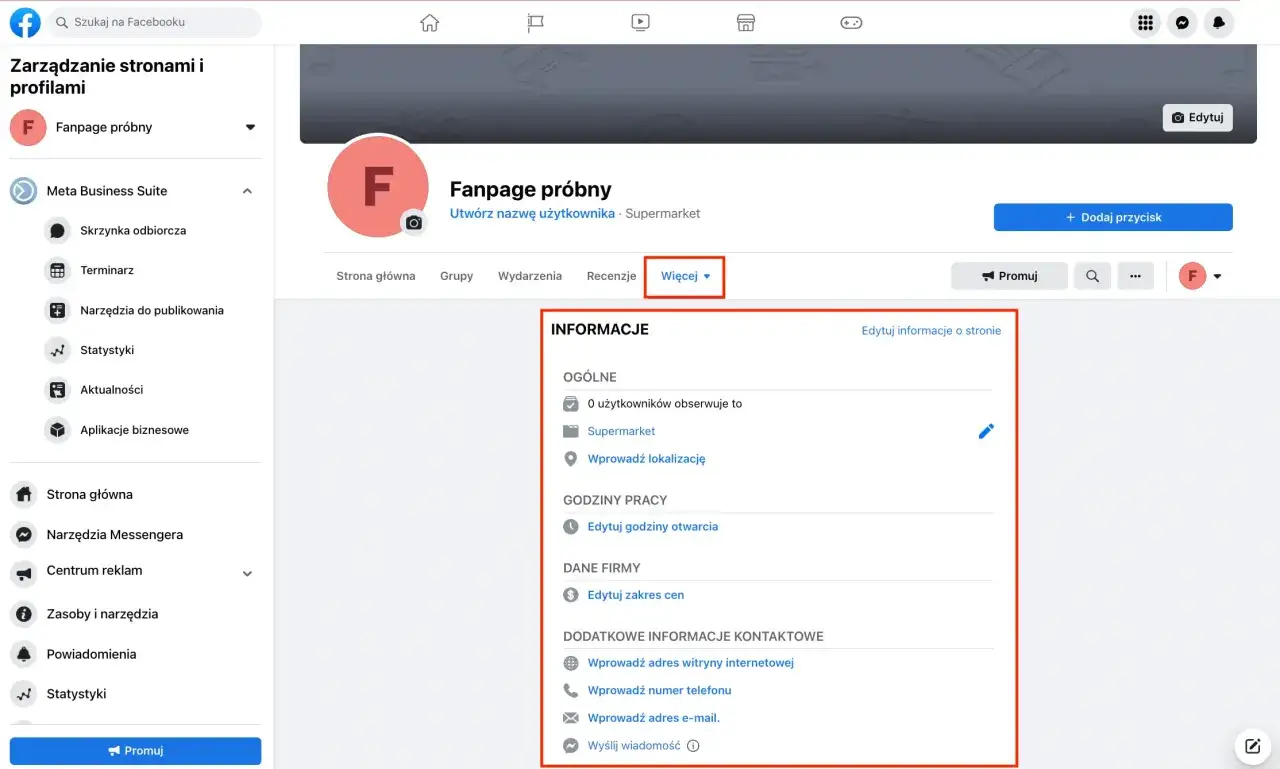 Panel zarządzania stroną na Facebooku. Widoczna opcja 