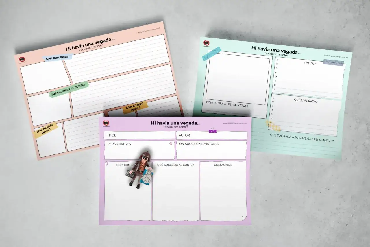 Plantilla cuento primaria para organizar ideas: título, personajes, inicio, desarrollo y final.