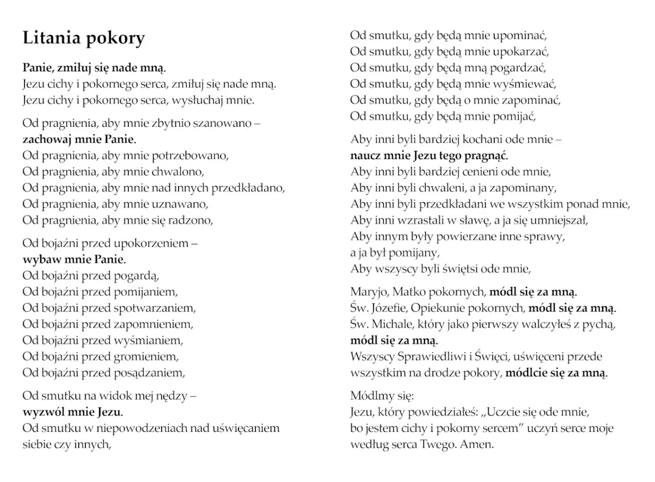 Litania pokory. Tekst modlitwy, kt&oacute;ra prosi o łaskę pokory, nawiązując do nauki Jezusa.
