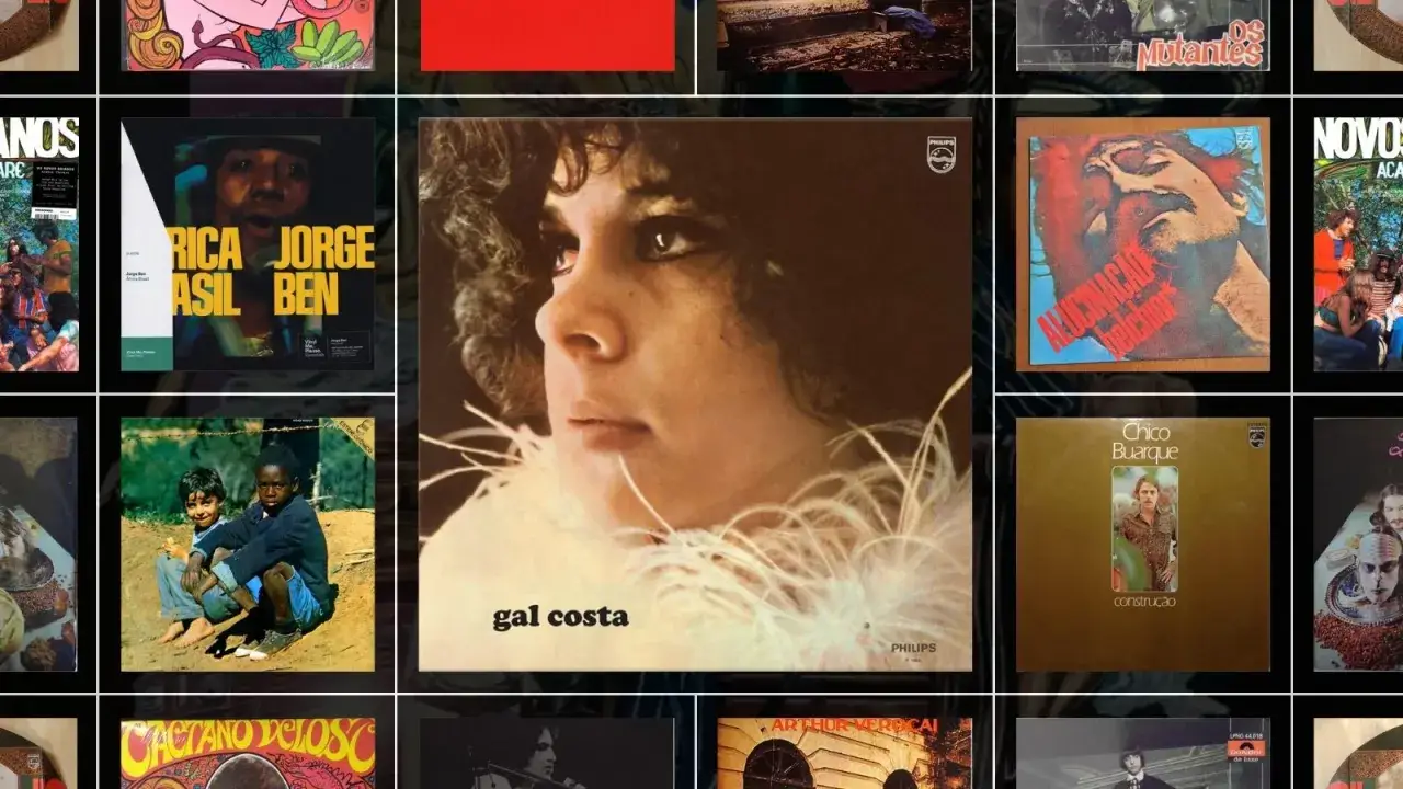 Okładka płyty mpb z wizerunkiem Gal Costa. W tle inne okładki płyt winylowych.