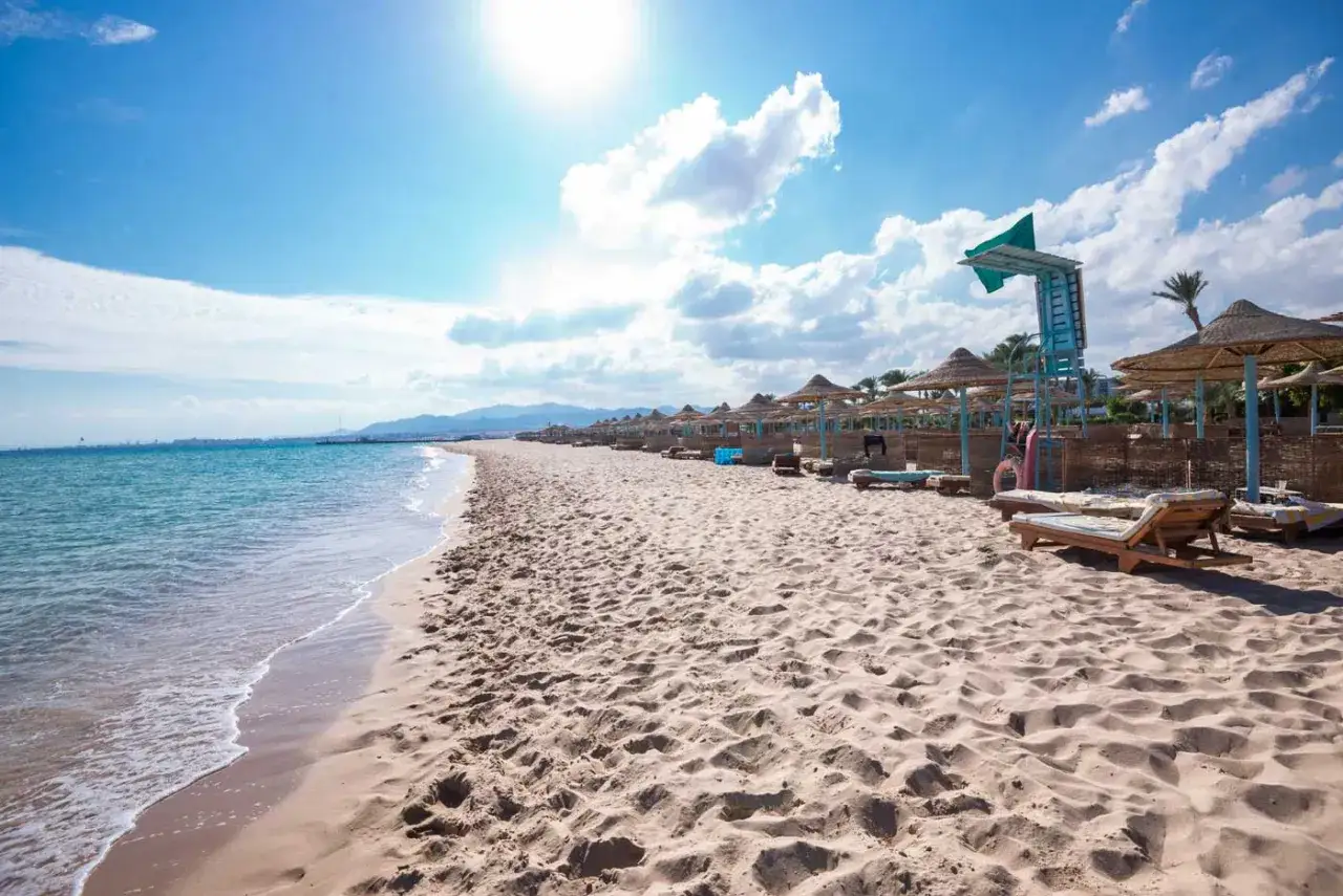 Piękna plaża z leżakami i parasolami. Warto sprawdzić imperial shams abu soma opinie przed wyjazdem.