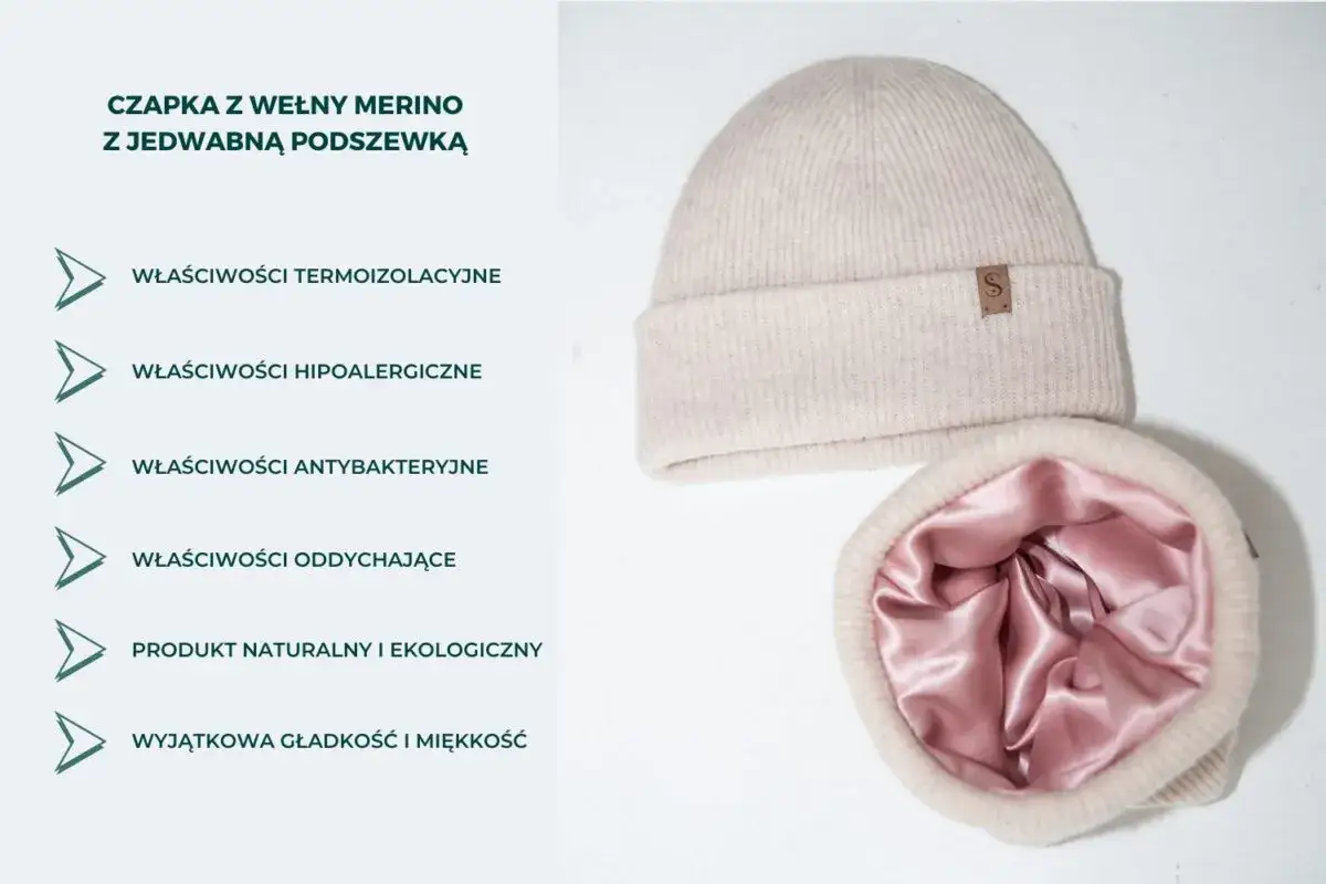Czapka z merynosa z jedwabną podszewką, idealna na chłodne dni. Miękka, termoizolacyjna i hipoalergiczna.