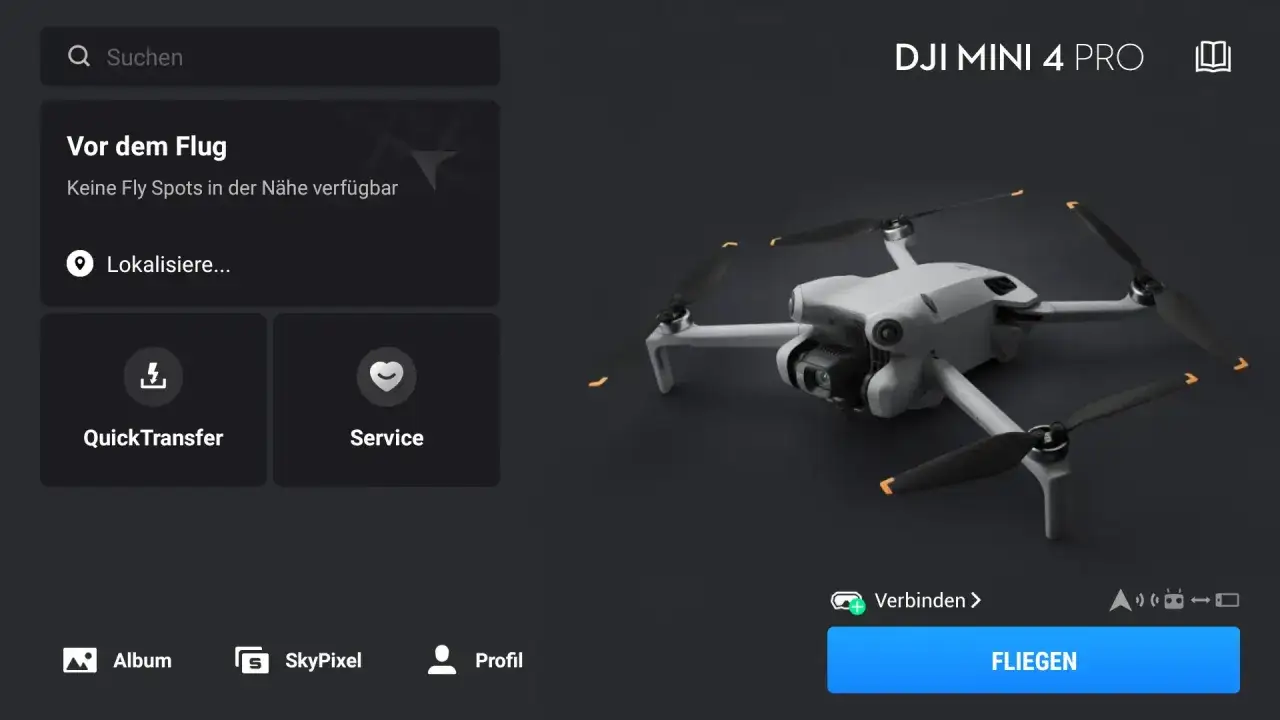 Ekran główny aplikacji dji fly z dronem DJI Mini 4 Pro. Widoczne opcje: 