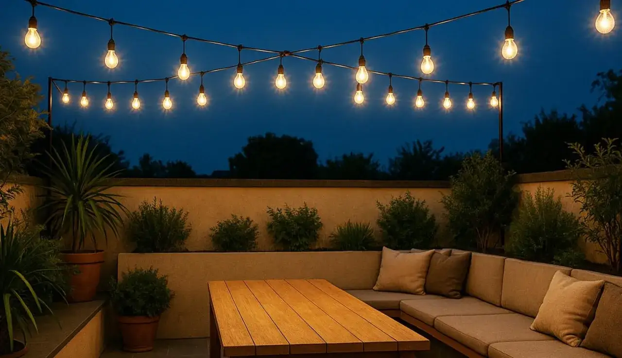 Luces cálidas iluminan un patio exterior con muebles cómodos y plantas, perfectas para decorar pared patio exterior y crear un ambiente acogedor.