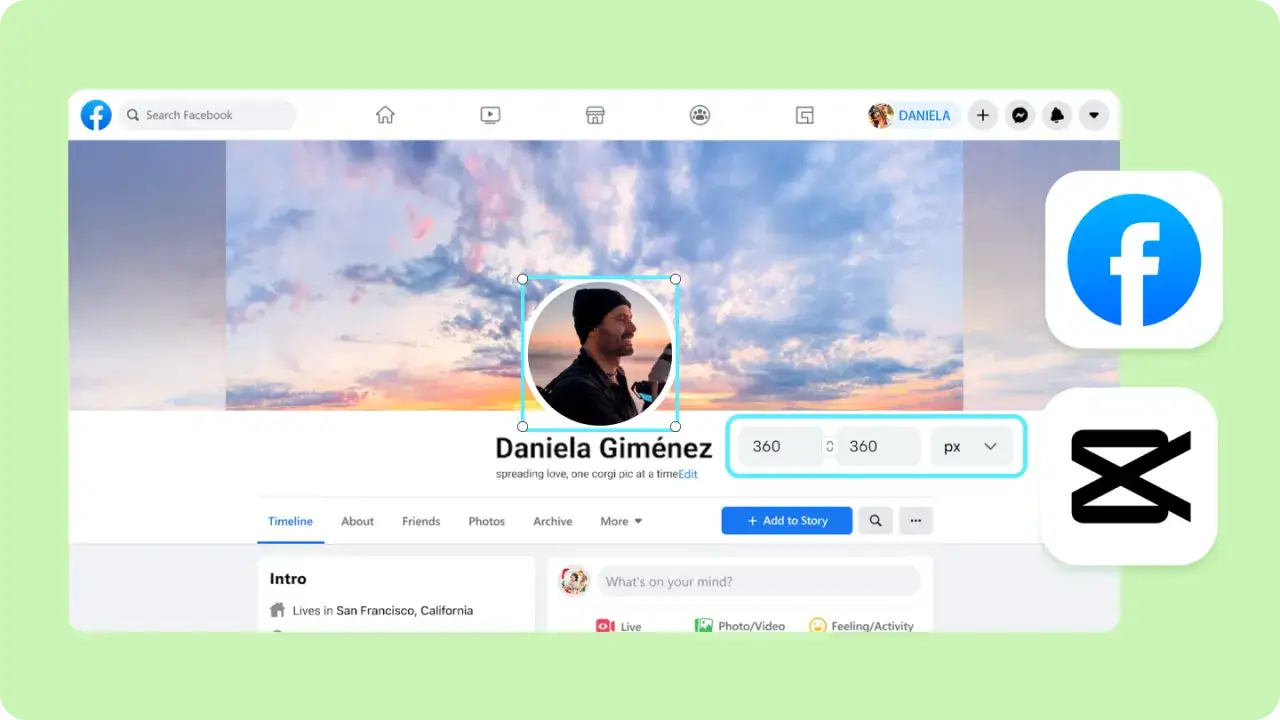 Jak zrobić zdjęcie profilowe na FB? Widok profilu Facebook z edycją zdjęcia, ustawianie rozmiaru 360x360 px.