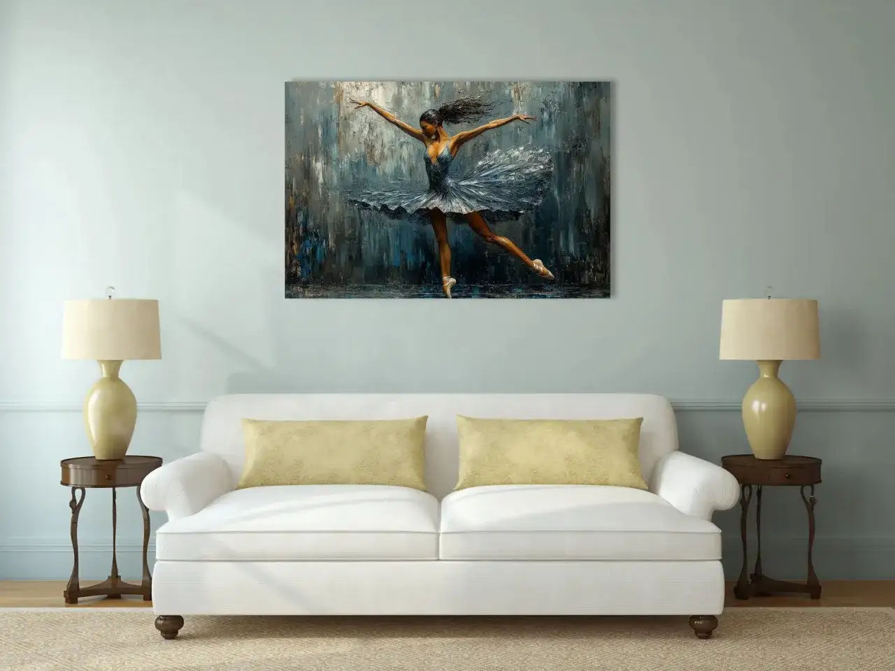 Tableau danseuse moderne, capturant l'élégance d'une ballerine en plein mouvement, sa robe virevoltant dans un décor abstrait aux tons bleus et gris.