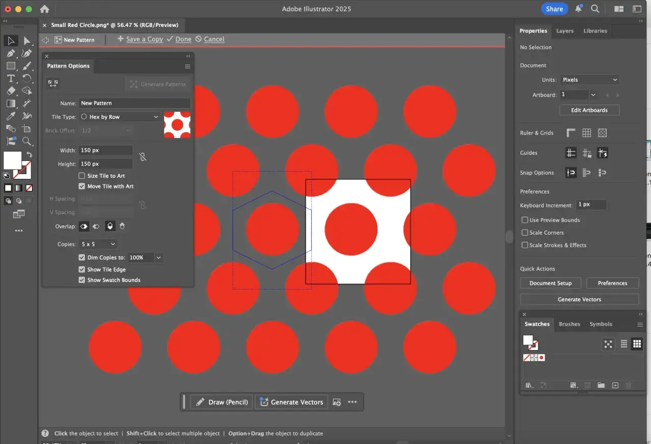 Comment créer un motif sur Illustrator : un aperçu des options de motif avec des cercles rouges sur fond gris.