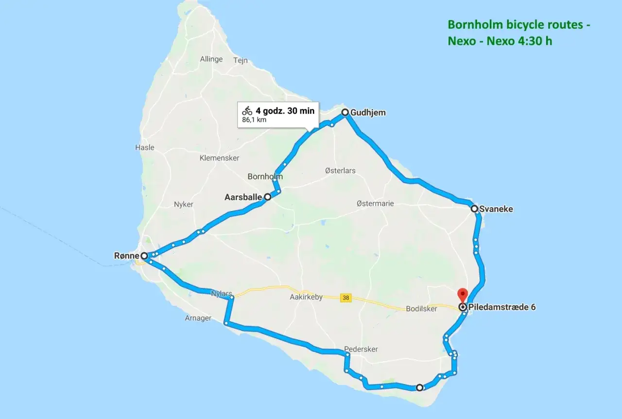 Trasa rowerowa na Bornholm, 86,1 km, 4,5h. Od Rønne przez Aarsballe, Gudhjem, Svaneke do Piledamstræde 6.