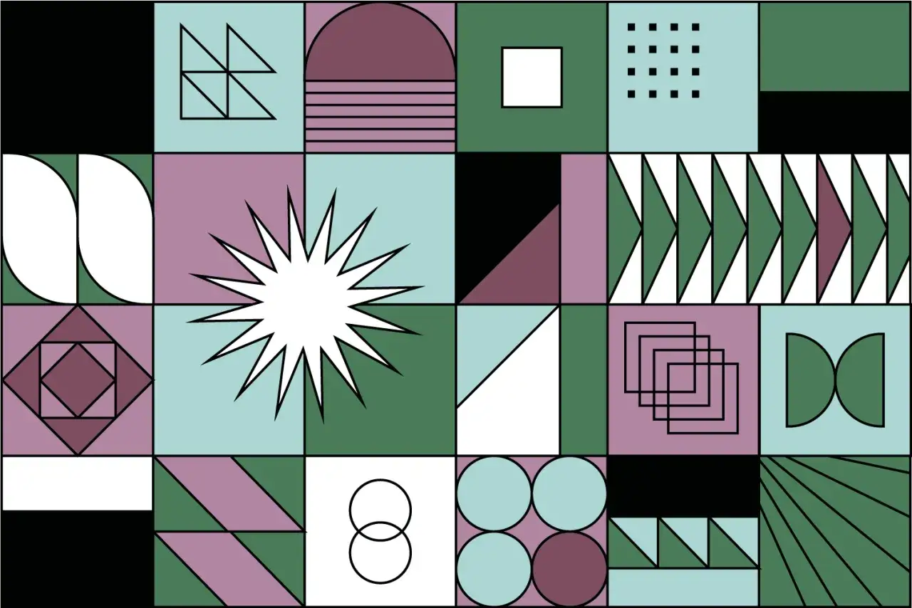 Abstrakte geometrische Formen in Pastelltönen, die verschiedene **layout design principles** wie Symmetrie und Wiederholung demonstrieren.