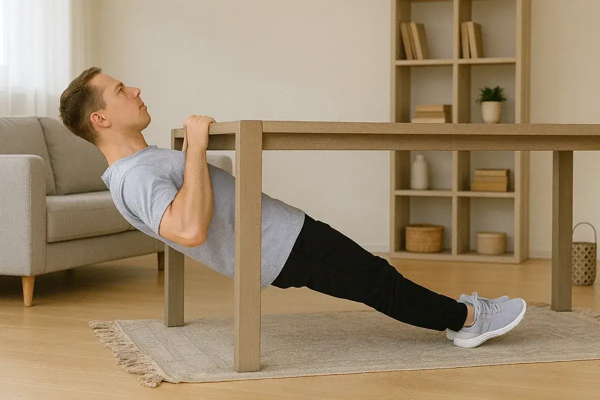 Hombre realizando ejercicios de fuerza bajo una mesa, simulando una barra de dominadas.